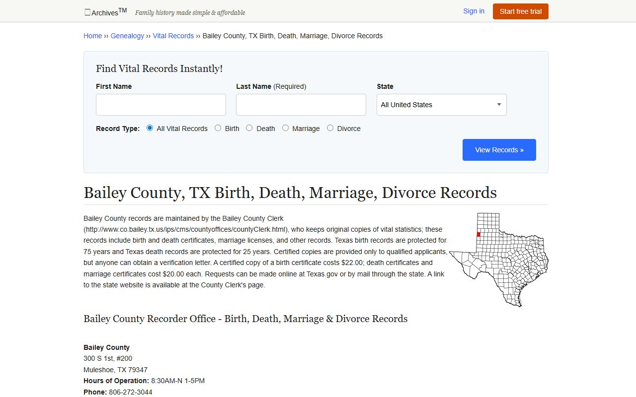 Bailey County divorce decree records in Muleshoe Texas