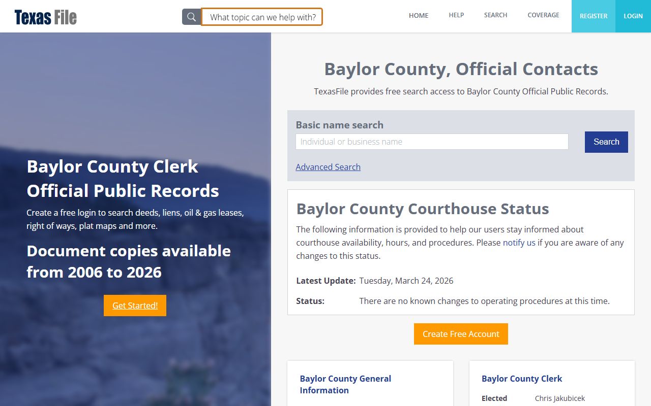 Baylor County divorce decree records and court clerk information