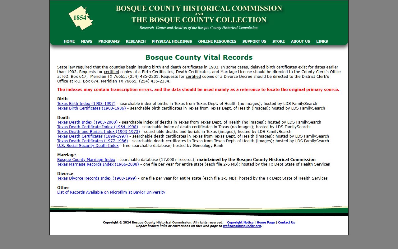 Bosque County divorce decree records and 220th District Court